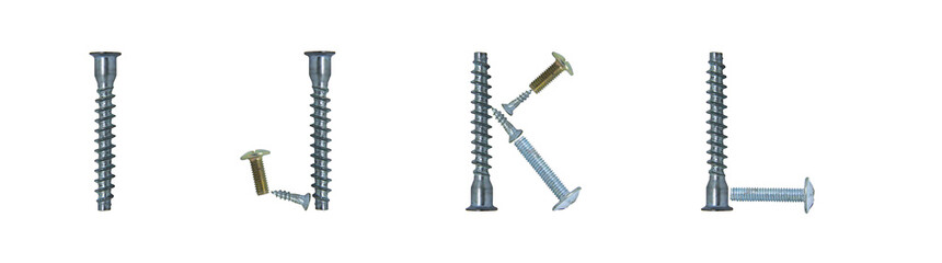 The letters I, J, K, L of the English alphabet made from bolts 