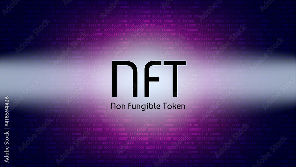 Sticker nft non fungible token in the rays of light from the spotlights on background of numbers. pay for un