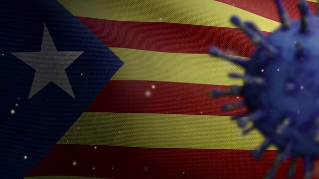 3D illustration Catalonia independent flag waving and Coronavirus 2019 nCov concept. Asian outbreak in Catalan estelada, coronaviruses influenza as dangerous flu strain cases as pandemic. Covid 19-Dan
