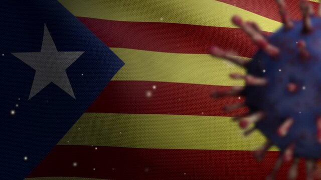 3D illustration coronavirus floating over Catalonia independent flag, pathogen attacks respiratory tract. Catalan estelada banner waving with pandemic Covid 19 infection. Fabric texture ensign-Dan