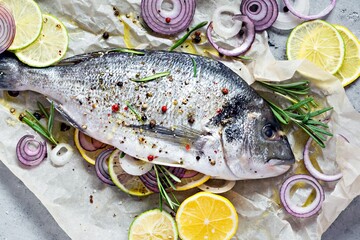 Fresh fish dorado. Raw dorado with herbs, spices and lemon and lime slices ready to cook on a gray background. Top view.  Fresh fish gilt-head bream  with salt, herbs and pepper.