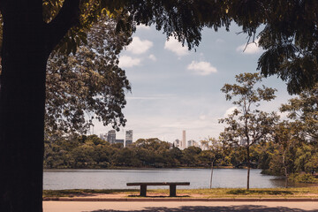 Banco vazio em parque com vista para lago e a cidade de São Paulo ao fundo.