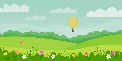 Spring landscape with balloon, flowers and a butterfly. Vector illustration of a spring valley on a sunny day. Perfect for a banner in the app or on the website, as well as for advertising the spring 