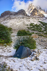 Beautiful alpine camp in the Cerro Castillo Reserve, Aysen, Patagonia, Chile 