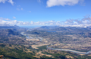 Fototapeta na wymiar Beautiful aerial view of the Rio Ibanez and Villa Cerro Castillo, Aysen, Patagonia, Chile
