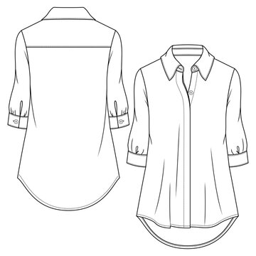 Women Blouse flat fashion sketch template. Technical Fashion Illustration. Girls Tunic length shirt. Hidden placket