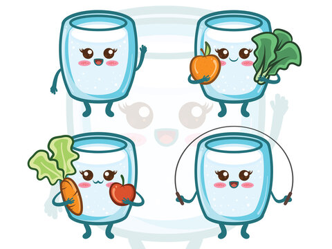 set of cute water glass healthy lifestyle. cartoon characters.