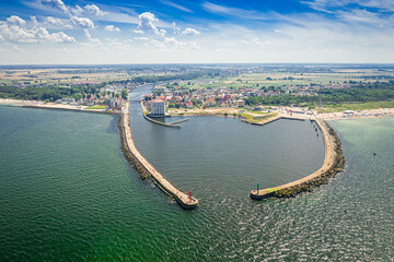 Port in Darlowek, Baltic Sea. Tourism in Poland, aerial view