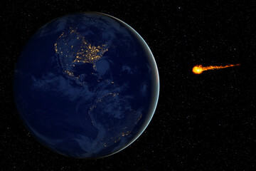 Dangerous asteroid approaching planet Earth, total disaster and life extinction, elements of this image furnished by NASA