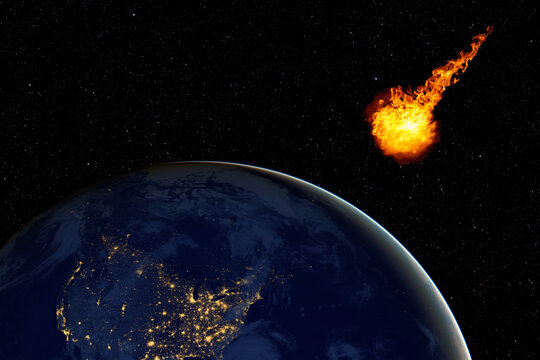 Dangerous asteroid approaching planet Earth, total disaster and life extinction, elements of this image furnished by NASA
