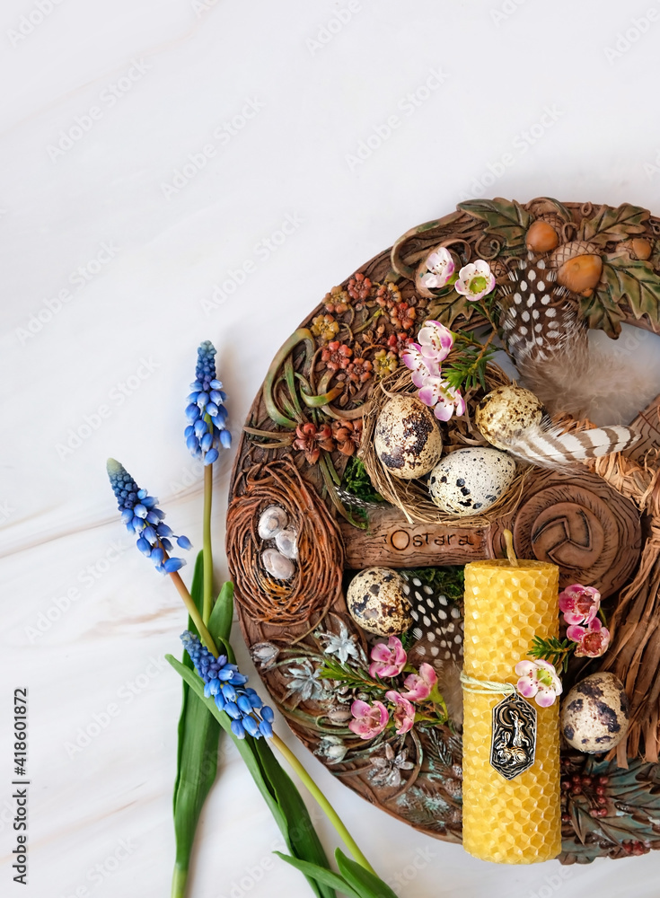 Wall mural wiccan altar for spring ostara sabbath. decorated wiccan wheel of the year. esoteric ritual for osta