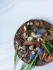 Altar for spring Ostara sabbath. wiccan wheel of the year with flowers and eggs. Esoteric Ritual...