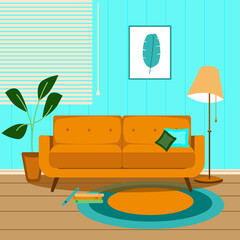 Interior living room with sofa, floor lamp, house plant. Flat style vector illustration.