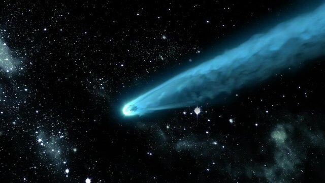 Large blue comet with long tail against a star and nebula backdrop. Comet enter shot and camera follows and slowly moves in closer.