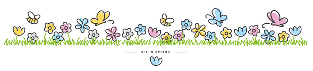 Spring background design with bees, butterflies and colorful spring flowers in green grass white isolated © simbos