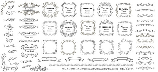 Calligraphic design elements . Decorative swirls or scrolls, vintage frames , flourishes, labels and dividers. Retro vector illustration