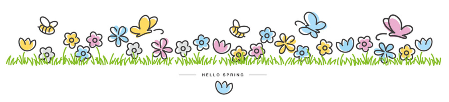 Spring background design with bees, butterflies and colorful spring flowers in green grass white isolated