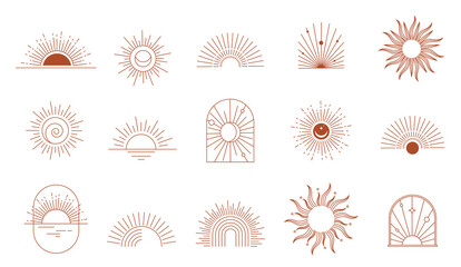 Bohemian linear logos, icons and symbols, sun, arc, window design templates, geometric abstract design elements for decoration.  © Marina Zlochin