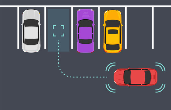 Parking smart car sensor autonomous view. Automobile park assist drive safety