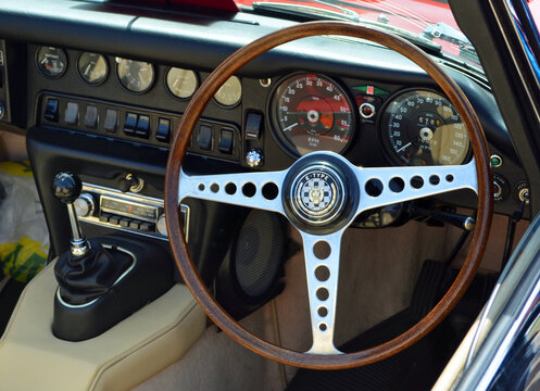 Steering Wheel Gear Stick And Dashboard Of Classic E  Type Jaguar Car. 