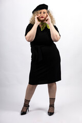 mature plus size model woman wearing black clothes, xxl woman on white background