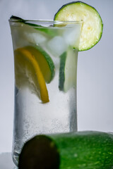 London dry gin and schweppes indian tonic in highball glass filled with glass with few slices of...