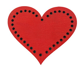 Wooden red painted heart with circle cavities isolated on white