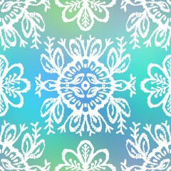 Fototapeta na wymiar Seamless gradient mesh blurry background tribal ethnic rug motif pattern. High quality illustration. White hand drawn boho gipsy design on blue and green faded backdrop. Holographic iridescent look.