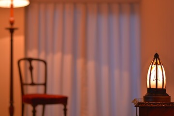 “art deco” lamp. made in France.  
with chair and shade lamp. 
 
This expensive antique furniture is made in England.  
dim lighting room・Vivid tone Soft focus image.