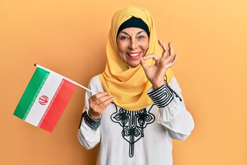 Middle age hispanic woman wearing hijab holding iran flag doing ok sign with fingers, smiling friendly gesturing excellent symbol