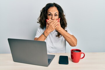 Beautiful middle age woman working at the office using computer laptop shocked covering mouth with hands for mistake. secret concept.