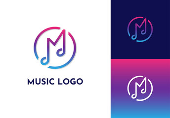 Music logo concept with two musical notes in an M letter shape. - 418608085