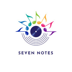 Music logo with colorful musical notes and a vinyl record.