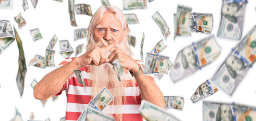 Old senior man with grey hair and long beard wearing striped tshirt rejection expression crossing...