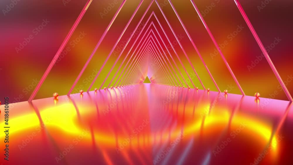 Poster neon road from the triangular arcade and balls, computer generated. 3d rendering of virtual backgrou