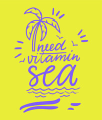 Naklejka premium T-shirt design for summer on an illuminating yellow background. Palm tree and sea t shirt pattern