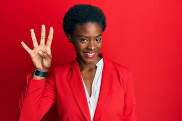 Young african american girl wearing business clothes showing and pointing up with fingers number...