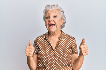 Senior grey-haired woman wearing casual clothes success sign doing positive gesture with hand, thumbs up smiling and happy. cheerful expression and winner gesture.