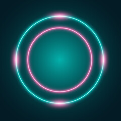 Round neon frame, abstract background with blue and pink lights, vector illustration.