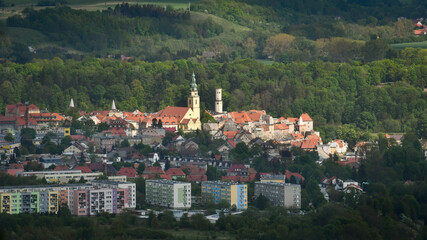 Fototapeta na wymiar Bystrzyca Kłodzka, a view of the city situated in a mountain valley.