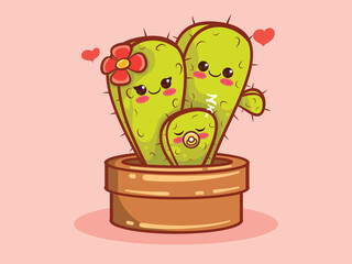 cute cactus family cartoon character and illustration.