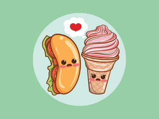 cute hot dog and ice cream couple concept. cartoon character and illustration.