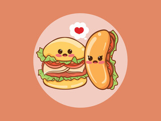 cute burger and hot dog couple concept. cartoon character and illustration.