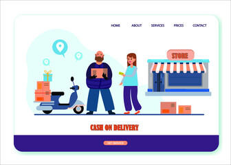 Art & Illustration, cash on demand, a delivery man with a customer girl. Vector 