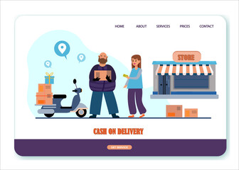 Art & Illustration, cash on demand, a delivery man with a customer girl.