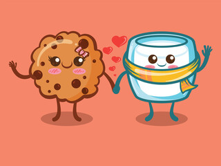 Cute cookies choco chips and milk glass couple concept. cartoon