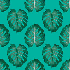 Fototapeta na wymiar Seamless pattern with exotic leaves. Watercolor summer illustration with green leaves