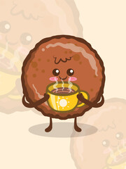 Cute grill ham holding a coffee cup. cartoon character.