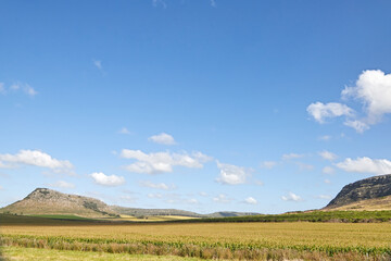 Obraz premium Green field and hills under a blue sky with clouds. Tandilia, Provincia de Buenos Aires, Argentina. Copy space.