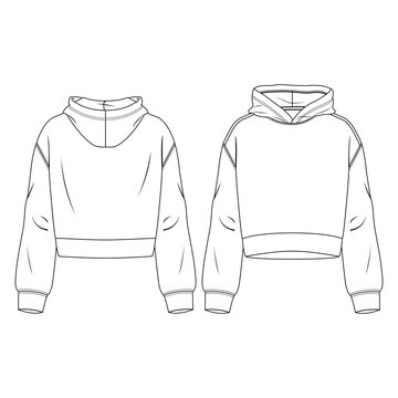 Women Hooded Crop Top fashion flat sketch template. Technical Fashion Illustration. Girls Sweatshirt